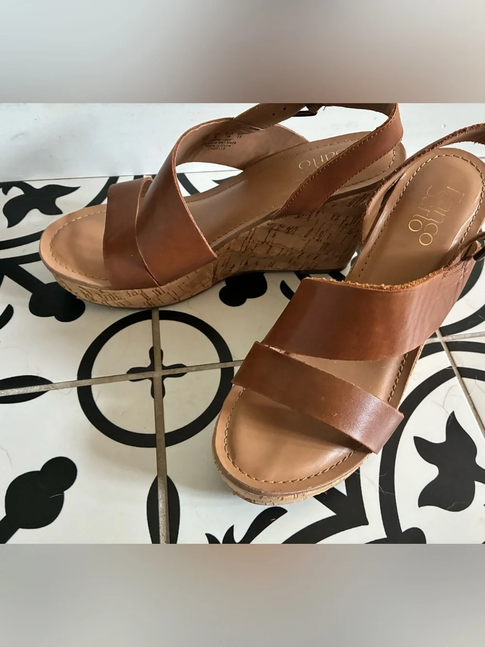 Women’s Tan Leather Cork Wedge Sandals - Classic Strappy Style size 8